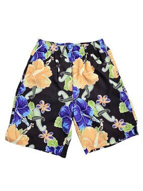 NWOT | HSF Black Tropical Hibiscus & Paisley Swim Shorts Zipper Pockets | Small